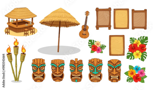 Tropical Hawaiian elements vector cartoon beach tiki decor set