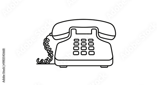 An outlined, vintage, corded telephone with a handset resting on a keypad base