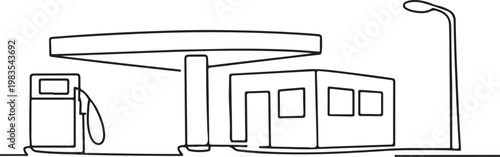 Gas station line drawing urban fuel service building roadside concept minimal outline clean vector illustration