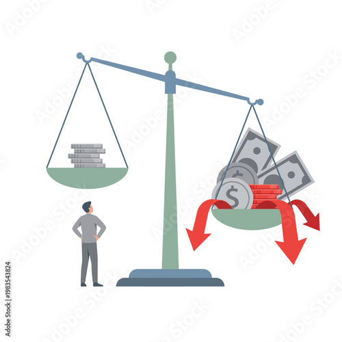 Illustration of a man looking at a scale showing financial imbalance and decreasing money value with red arrows.