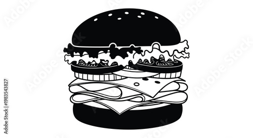 A black and white illustration of a stacked cheeseburger with various toppings