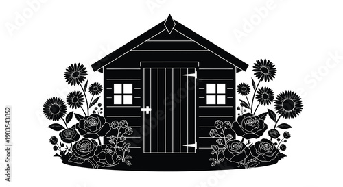 A black and white illustration of a small garden shed with surrounding flowers