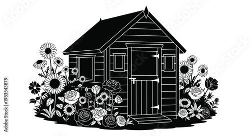 A black and white illustration of a garden shed surrounded by flowers