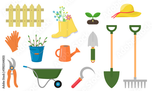 Colored set of items for gardening. Objects isolated on a white background. Vector illustration in flat style, color icons. Various agricultural and garden tools.