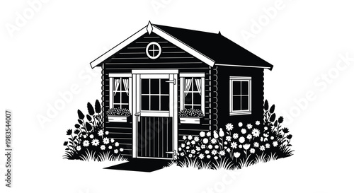 Simple black and white illustration of a small cottage with flower garden