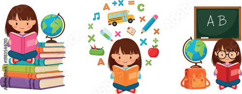 Vector illustration set of three school-themed cartoon girls with books, globe, and educational elements, perfect for learning, school, and educational materials