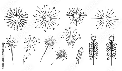 Fireworks doodle line vector set radial explosion sparkler rays decoration