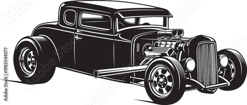 Vintage hot rod car, black and white illustration, classic automobile, vector graphic