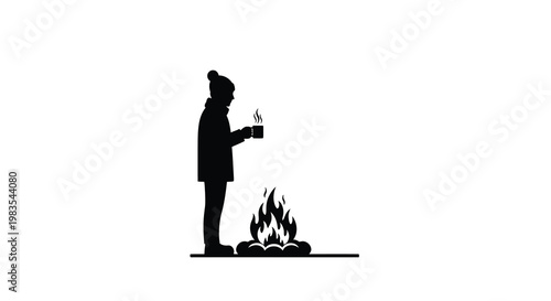 Silhouette of a person with a drink by a warm campfire