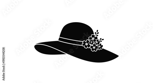 Black silhouette of a wide brimmed hat adorned with small floral details