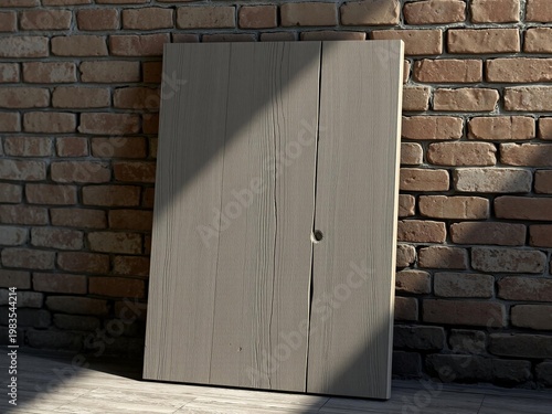 Rustic Wooden Door Against Textured Brick Wall Backdrop