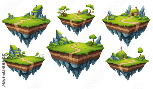 Flying islands vector cartoon set fantasy floating land game UI assets
