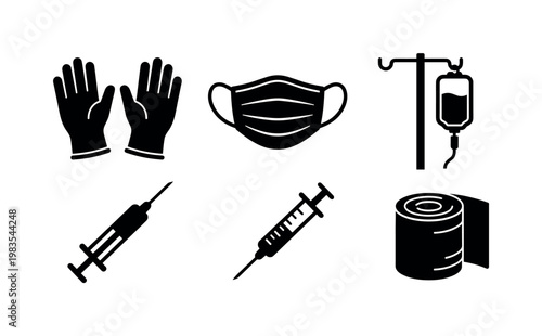 Collection of medical icons including gloves, mask, IV drip, syringe, and bandage