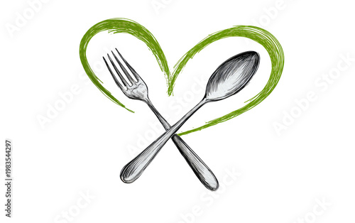Crossed fork & spoon with a green heart over a black background, suggesting healthy food