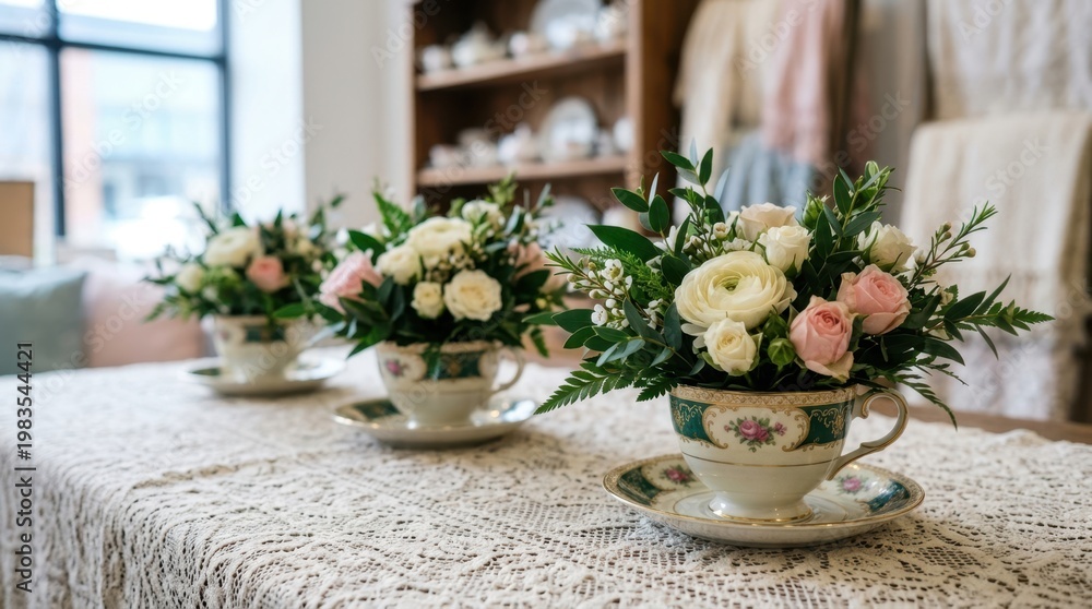 Obraz premium Elegant floral arrangements in vintage teacups on a lace tablecloth