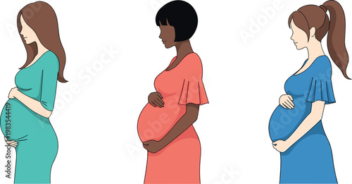 Vector illustration of three diverse pregnant women in colorful dresses, showing different stages of pregnancy, ideal for maternity, family, and healthcare designs
