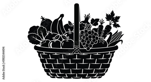A black and white illustration of a wicker picnic basket filled with fruit and vegetables