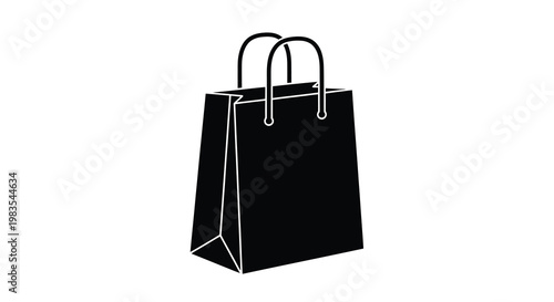 Simple black and white illustration of a paper shopping bag with handles
