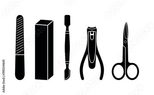 nail file emery board flat, buffer block rectangular shape, cuticle pusher metal tool, nail clippers small device, nail scissors