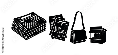 newspaper stack pile, front page folded, newsprint sheets loose, newspaper delivery bag, newsstand kiosk small bold black