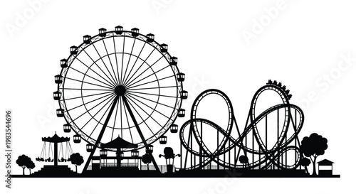 Amusement park silhouette featuring a ferris wheel and rollercoaster