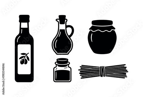 bottle of olive oil, vinegar glass bottle, spice jar small, honey jar round, pasta bundle tied bold black silhouette clipart,