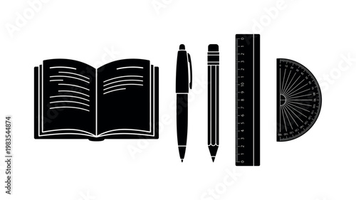 Collection of black stationery icons including an open book, pen, pencil, ruler, and protractor