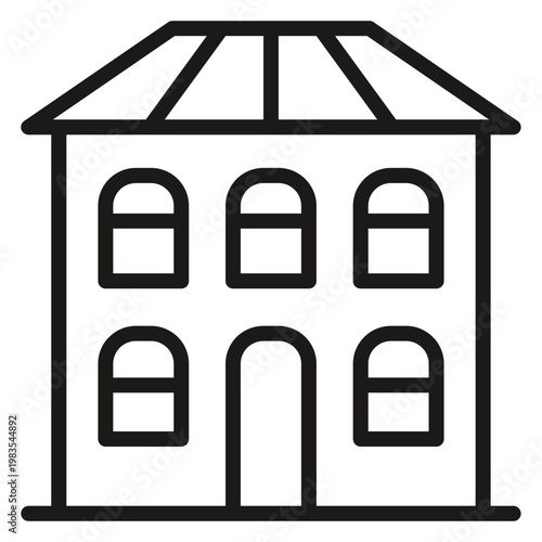 Minimalist black line art vector icon of a two-story residential house or apartment building with a pitched roof, arched windows, and a central front door, isolated on a white background.