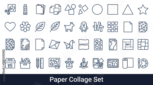 Creative paper collage elements and crafting tools icon set
