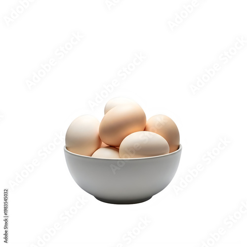 A bowl of eggs on a white surface, isolated on transparent background