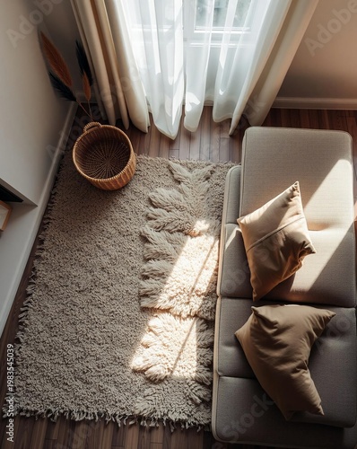 Cozy living room with sunlight streaming through the sheer curtains and a plush rug.