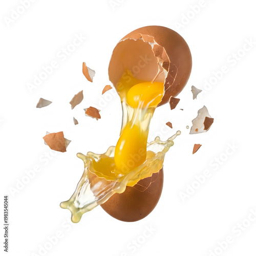Brown egg with yolk splashing out and shell pieces flying around isolated on transparent background