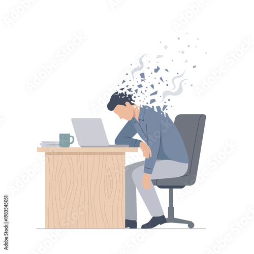 Overworked businessman experiencing extreme burnout and mental exhaustion at his office desk.
