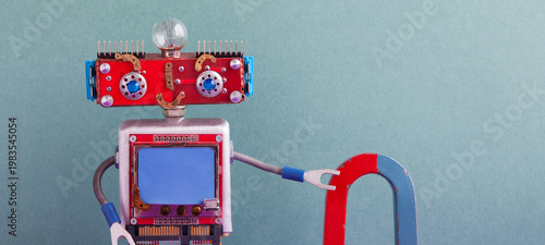 Waist‑up shot of cheerful robot with red face and head lamp, hand magnetized to large red‑blue magnet. Magnetic force concept, educational poster, science fair banner