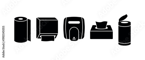 paper towel roll cylinder, paper towel dispenser box, hand dryer wall device, tissue box rectangular pack, wipes container flip