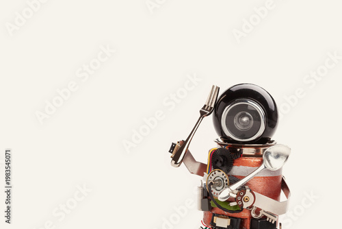 Spherical‑head robot chef presenting fork and spoon, blank beige background. Culinary innovation poster, robotic kitchen banner, meal prep template