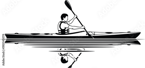 Minimalist Black and White Kayaker Illustration with Reflection