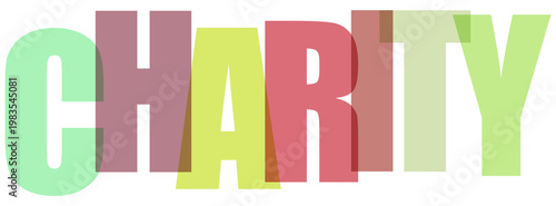 Charity text in soft pastel colors with 3d effect on transparent grid background.