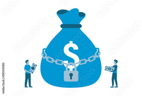 Secure money bag with heavy chain and padlock, bank employees financial security asset protection symbol, banking safety vector design
