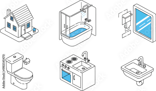 Home interior and plumbing icon set including house bathtub window toilet kitchen sink and bathroom fixtures vector isolated transparent background.