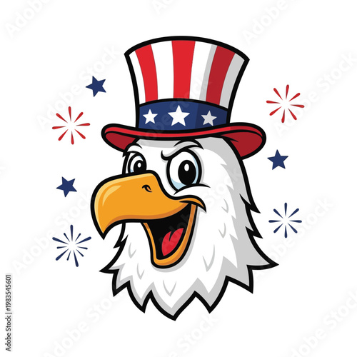 Patriotic Cartoon Bald Eagle Head Wearing Uncle Sam Top Hat with Stars and Stripes.