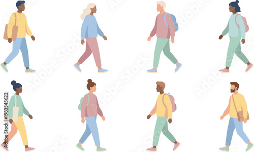 Diverse Group of People Walking in Casual Clothing with Backpacks, Flat Design Illustrations for Travel, Lifestyle, and Digital Media
