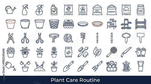 Collection of gardening tools and supplies for plant care and cultivation