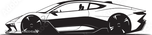 Vector sports car illustration, sleek automobile design, black and white, modern vehicle outline