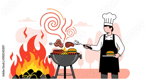 Man grilling food on barbecue outdoors.