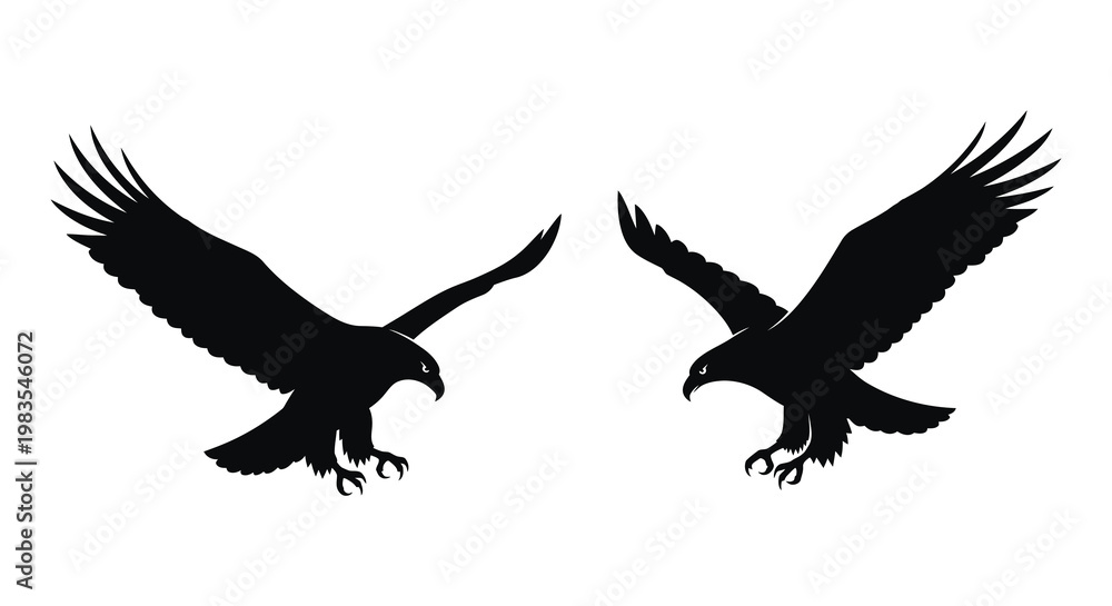 Fototapeta premium Two eagles in flight facing each other a striking silhouette