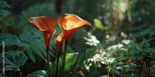 Three orange calla lilies bathed in sunlight, surrounded by lush green foliage