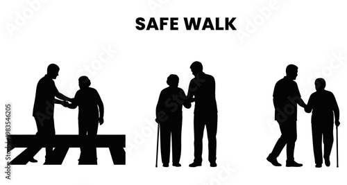 Elderly person assisted during a safe walk with a caregiver in silhouette style