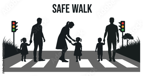Families crossing a street at a crosswalk with traffic lights during daylight for child safety