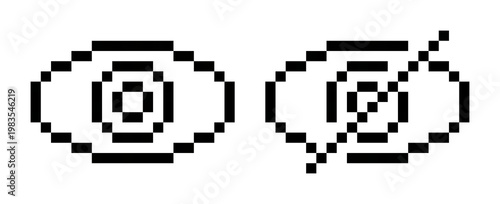 A set of eyes in linear pixel art, one normal and one blocked